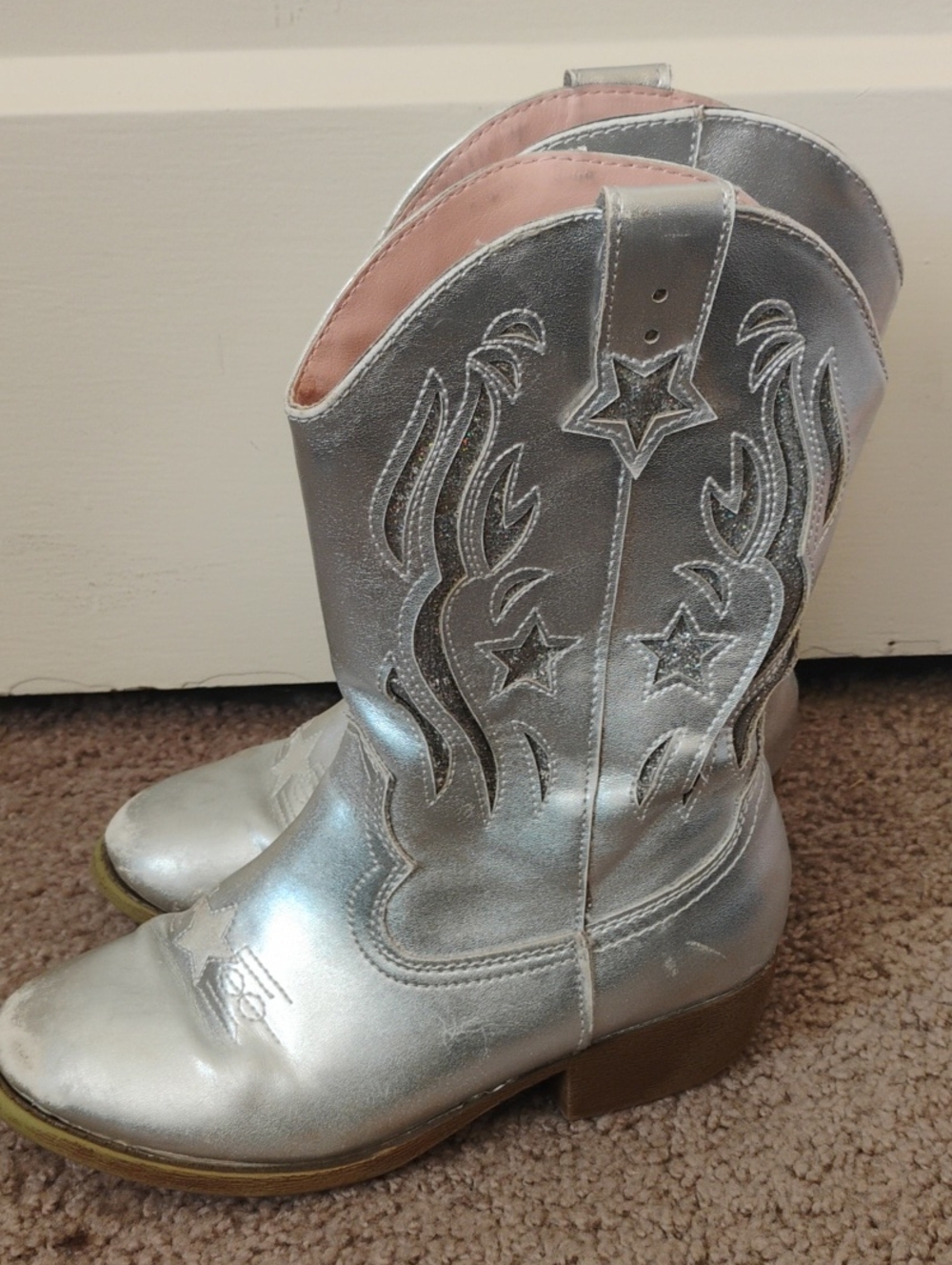Metallic Silver Girl's Western Cowboy Boots Jellypop Sz 3M Zip Up Dress Up